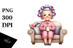 Watercolor Old Lady Sitting on Sofa Clipart Product Image 1