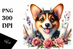 Rock Star Pembroke Welsh Corgi Floral | Sublimation Clipart Product Image 1