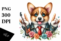 Rock Star Pembroke Welsh Corgi Floral | Sublimation Clipart Product Image 1