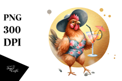Chicken in Beachwear Drinking a Cocktail, Golden Background Product Image 1