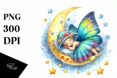 Whimsical Baby Butterfly Sleeping on Moon | Clipart Product Image 4
