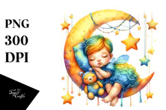 Whimsical Baby Butterfly Sleeping on Moon | Clipart Product Image 1