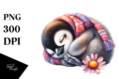 Baby Penguin Sleeping on Flower, PNG Product Image 1