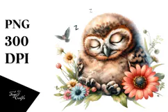 Digital Watercolor Baby Owl Sleeping PNG Product Image 1