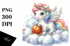 Cute Baby Unicorn Basketball in Cloud | Sublimation Clipart Product Image 1