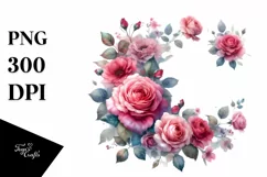 Washed Watercolor Vibrant Floral Frame with Pink Roses, Product Image 1