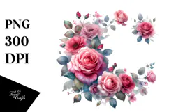 Washed Watercolor Vibrant Floral Frame with Pink Roses, Product Image 1