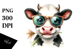 Baby Cow with Cool Hair and Flower, Watercolor Design PNG Product Image 1