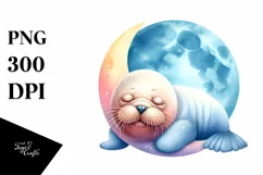 Cute Baby Walrus Moon Watercolor Clipart Product Image 3