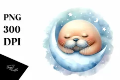 Cute Baby Walrus Moon Watercolor Clipart Product Image 3