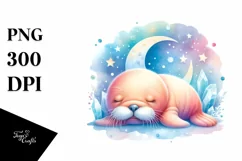 Cute Baby Walrus Moon Watercolor Clipart Product Image 1