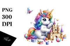 Colorful Baby Unicorn Building Sandcastle PNG Product Image 1