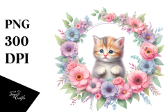 Summer Kitten Baby Floral Frame Watercolor Vibrant Clipart Product Image 1