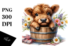 Cute Baby Highland Cow in Wood Bucket, Transparent PNG Product Image 1