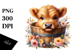 Cute Baby Highland Cow in Wood Bucket, Transparent PNG Product Image 1