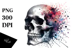 Watercolor Digital Skull with Splashes PNG Product Image 1