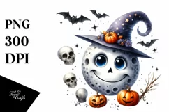 Funny Watercolor Halloween Moon Clipart Product Image 1