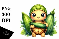 Funny Cute Baby Turtle Holding Zucchini | Watercolor Clipart Product Image 1