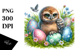 Baby Owl with Easter Eggs, Digital Watercolor PNG Product Image 1