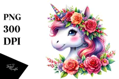 Smiling Unicorn with Floral Wreath PNG Product Image 1