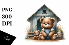 Funny Cute Baby Bear Sitting in Front of Barn | Watercolor Product Image 1