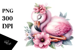 Baby Flamingo Sleeping on Flower, PNG Product Image 1