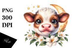 Baby Highland Cow with Gardenia, Cute PNG Product Image 1