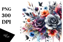 Watercolor Floral Frame with Black Roses, PNG Product Image 1