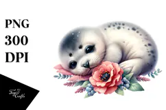 Baby Seal Sleeping on Flower, PNG Product Image 1