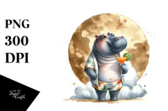 Watercolor Funky Hippo with Cocktail PNG Product Image 1