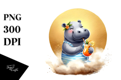 Watercolor Hippo and Cat on Beach with Cocktail, PNG Product Image 1