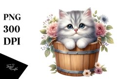 Cute Baby Cat with Wood Bucket PNG Product Image 1