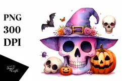 Funny Watercolor Halloween Skull Clipart Product Image 1