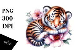 Cute Baby Tiger Sleeping on Flower, PNG Product Image 1
