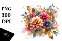 Vibrant Aqua Dahlia Bouquet Gold Foil Clipart Product Image 1
