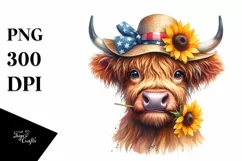 Shy Highland Cow with Sun Hat Clipart Product Image 1