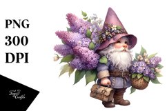 Detailed Watercolor of Gnome with Lilac Bouquet, PNG Product Image 1