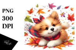 tumbling Cute Dog with Autumn Leaves PNG Product Image 1