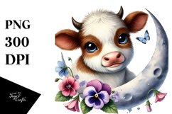 Baby Highland Cow with Impatiens, Watercolor PNG Product Image 1