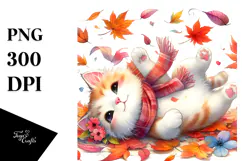 tumbling Cute Cat with Autumn Leaves PNG Product Image 1