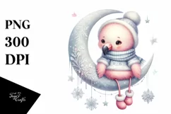 sitting Flamingo on Moon with Snowflakes PNG Product Image 1