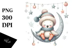 sitting Flamingo on Moon with Snowflakes PNG Product Image 1