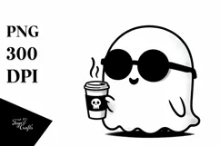 Cute Ghost with Sunglasses Holding Coffee PNG Product Image 1