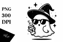 Cute Ghost with Sunglasses Holding Coffee PNG Product Image 1