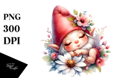 Cute Baby Gnome Sleeping on Flower, Digital Watercolor PNG Product Image 1