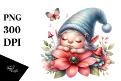 Cute Baby Gnome Sleeping on Flower, Digital Watercolor PNG Product Image 1