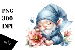 Cute Baby Gnome Sleeping on Flower, Digital Watercolor PNG Product Image 1