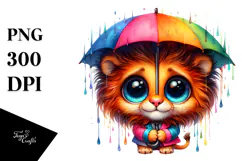 Baby Lion with Tiny Umbrella, Vibrant Watercolor PNG Product Image 1