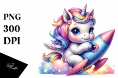 Colorful Baby Unicorn with Rocket Ship PNG Product Image 1