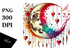 Sketches of Half Moon with Blood and Hearts Watercolor PNG Product Image 1